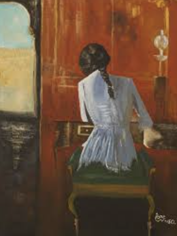 A figure stands at a red-walled window looking out to sea